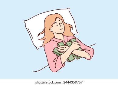 Woman sleeps hugging stacks of money, afraid to part with earned capital and put savings in bank deposit. Happy girl, saved lot of money thanks to investments lies with eyes closed in bed