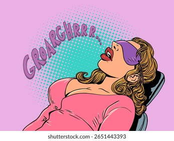 Uma mulher dorme alto e ronca. Preguiça no trabalho. Desatenção dos funcionários da empresa. Pop Art Retro Vetor Ilustração Kitsch Vintage estilo 50s 60s