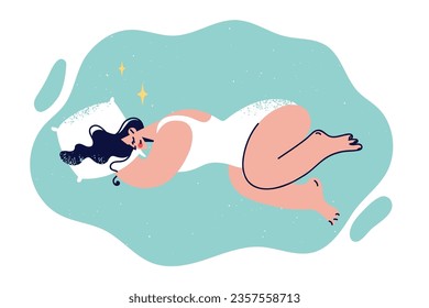 Woman sleeps lying on pillow and hovering in weightlessness, gaining strength before new working day. Girl in pajamas sleeps carefree flying in starry skies, seeing positive dreams about happy future