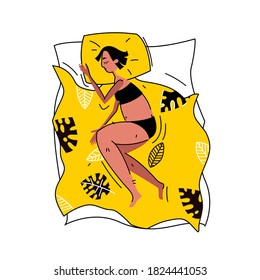 The woman sleeps on the bed in her pajamas. The girl lies on a blanket in her underwear in flat style. Bodypositive concept. Vector stock illustration.
