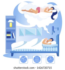 Woman Sleeps on Comfortable Orthopedic Mattress. Natural Material. Healthy Sleep. Vector Illustration. Modern Technologies. Home Interior. Sleep on Bed. Breathable Surface and Waterproof.