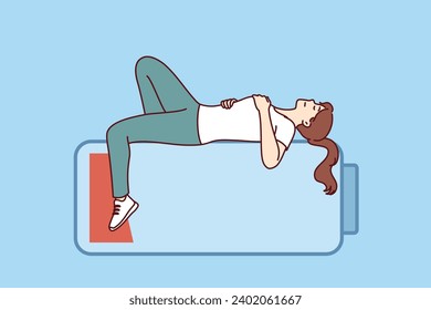 Woman sleeps on empty battery, trying to restore strength and energy after difficult day at work. Girl sleeps to recharge and needs long rest due to fatigue and overload during work