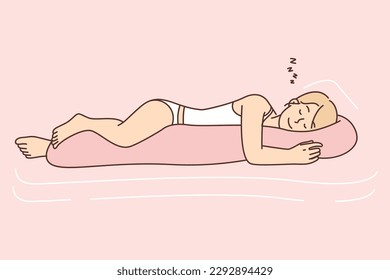 Woman sleeps with smile hugging body pillow enjoying rest after and restoring strength of hard day. Young girl in panties and sleepshirt sleeps on bed with long pillow and has pleasant dreams  svg