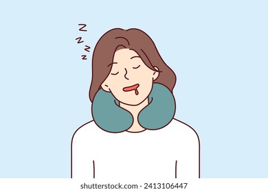 Woman sleeps using neck pillow while traveling and experiences comfort thanks to travel cushion. Sleeping girl with closed eyes and drooling, with pillow to support neck for sedentary rest