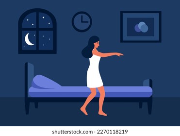 Woman sleepwalking at night in flat design.