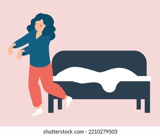 Woman sleepwalking at night. Sleepwalker girl walking in her dream with raised hands. Somnambulist person stands up from her bed while sleeping. Concept of somnambulism and sleep disorder. 