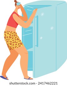 Mujer en ropa de dormir abriendo un refrigerador por la noche. Mujer en pijama buscando un aperitivo en la cocina. Ansia nocturna e ilustración del vector del hambre.