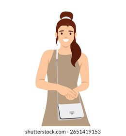 Woman in a sleeveless beige dress and white shoulder bag exudes effortless charm. Flat vector illustration isolated on white background