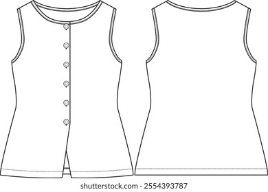 Woman sleeveless vest top with round neck. Front slit at hem. Front closure with shank buttons, sketch front and back