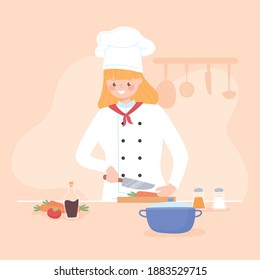 woman slicing fresh vegetables like carrots in the kitchen vector illustration