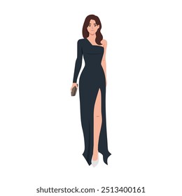 Woman with slim body shape in evening long dress attire. Flat vector Character illustration