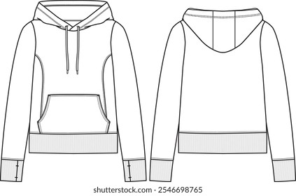 Woman slim fit pull-over fleece hoodie with thumbholes, long sleeves, ribbed cuffs and hem, kangaroo pockets, sketch front and back