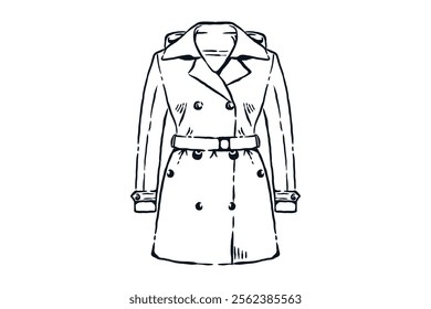 Woman slim jacket coat for winter dress fashion, hand drawn line sketch vector illustration