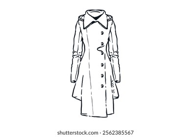 Woman slim jacket coat for winter dress fashion, hand drawn line sketch vector illustration