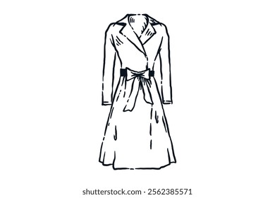 Woman slim jacket coat for winter dress fashion, hand drawn line sketch vector illustration