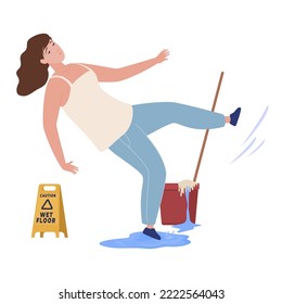 Woman slipped on puddle caution wet floor washing isometric vector illustration. Female failure hazard injury risk warning accident sign. Danger cleanliness slippery downfall janitorial water stumble