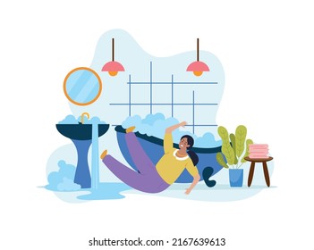 Woman Slipping And Falling In Bathroom With Water Pouring Out From Sink And Bathtub Flat Vector Illustration