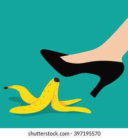 Woman Slipping On A Banana Peel Flat Design. EPS 10 Vector.