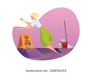 Woman slipping on wet floor, flat vector illustration isolated on white background. Wet floor caution sign. Person falling on slippery surface after washing.