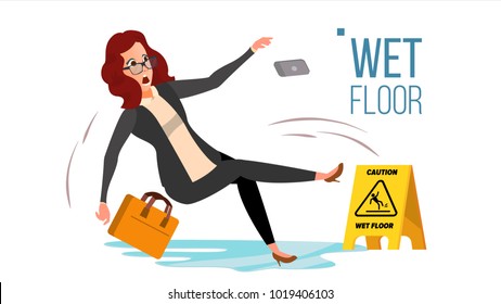 Woman Slips On Wet Floor Vector. Modern Business Woman In Office. Danger Situation. In Action. Clean Wet Floor. Isolated Flat Cartoon Character Illustration
