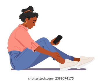 Woman Slouches, Engrossed In her Smartphone. Female Character Perform Improper Pose. Girl Sitting on Floor, Body Contorted In A Poor Posture while she Looking on Screen. Cartoon Vector Illustration