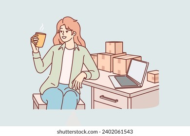 Woman small business owner drinks coffee sitting at table with boxes, takes short break. Girl is engaged in fulfillment business and prepares goods ordered in online store for shipment.