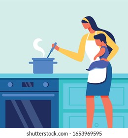 Woman with Small Child in Arms. Kitchen Apron and Pans. Housewife with Child. Vector Ilustration. Training for Housewives. Shuffles Food in Pan. Woman Stands near Stove in Kitchen.