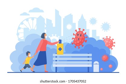 Woman with small kid walking in city public park and disinfecting contact place from coronavirus flat vector illustration. Corona virus cleaning and disinfection. Epidemic covid-19 concept