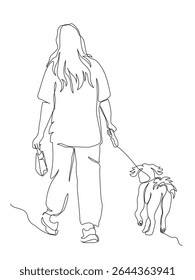 Woman with small shopping bag and dog walking away. Continuous line drawing. Back view. Black and white vector illustration in line art style.