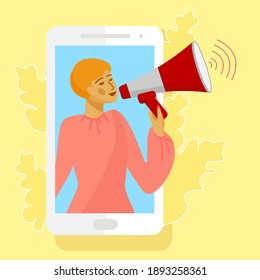 Woman in smarrtphone screen. Woman holding loudspeaker or bullhorn. Vector illustration in flat style.