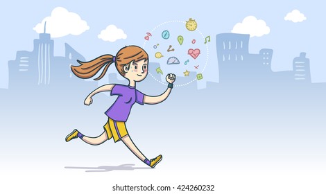 Woman with smart band running in the city, hand drawn style