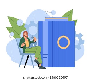 Woman with smart column. Young girl near audio speaker. Remote controlling of audio device. Artificial intelligence and machine learning. Gadget and device. Flat vector illustration