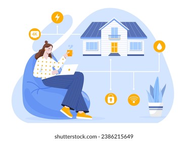 Woman with smart house concept. Young girl with cup of tea or coffee near building scheme. Wireless connection and remote controll. Cartoon flat vector illustration isolated on white background