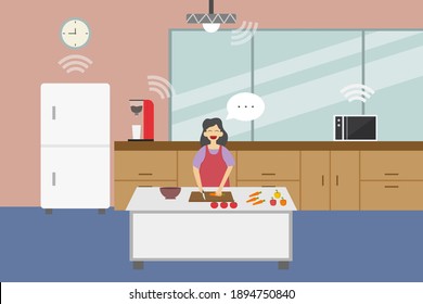 Woman in a smart kitchen 2D flat vector concept for banner, website, illustration, landing page, flyer, etc