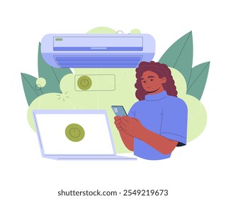 Mulher em escritório inteligente. Menina jovem com smartphone e laptop controla o ar condicionado. Trabalhador em um espaço de trabalho confortável. Ajuste de temperatura. Ilustração de vetor plano isolada no plano de fundo branco