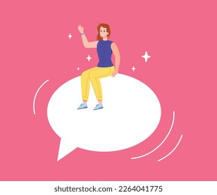 Woman smart reply. Girl sitting on speech bubble, helpful information or people survey, computer phone message communication, free consultation speaker dialog vector illustration of chat media online