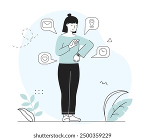 Woman with smart watch. Young girl with smart watch. Gadget and device. Modern technologies and innovations. Person with wristwatch. Linear vector illustration isolated on white background