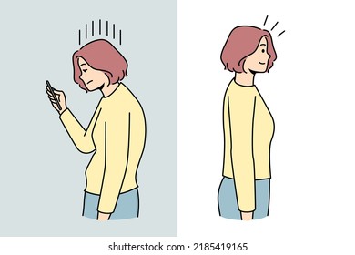 Woman with smartphone bad posture compared with good posture. Back problems. Healthcare and medicine. Vector illustration. 