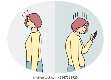 Woman with smartphone bad posture compared with good posture. Back problems. Healthcare and medicine. Vector illustration.