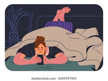 Woman with smartphone in bed at night. Late evening leisure with mobile phone, social media. Female lying under blanket, scrolling, surfing internet, watching videos. Flat vector illustration