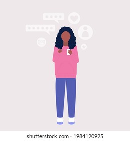 Woman with smartphone. Blogging. Video call to a friend, study online, business meeting. Colorful flat vector illustration.