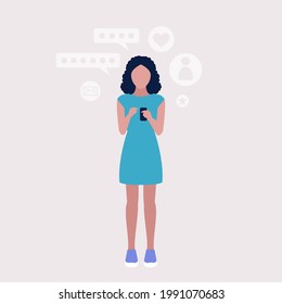 Woman with smartphone. Blogging. Video call to a friend, study online, business meeting. Colorful flat vector illustration.