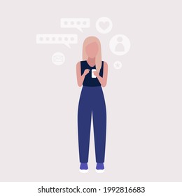 Woman with smartphone. Blogging. Video call to a friend, study online, business meeting. Colorful flat vector illustration.