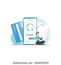 Woman in smartphone buys goods, places order in online store, pays contactlessly with debit, credit card on website, application. Successful check transaction. Purchases in internet.