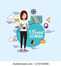 woman with smartphone chat bubble social media