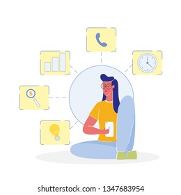 Woman with Smartphone Color Vector Illustration. Student in Glasses. Female Character Sitting on Floor. Time Management. SMM. Teenager Using Social Networks, Surfing Internet. Freelancer Brainstorming