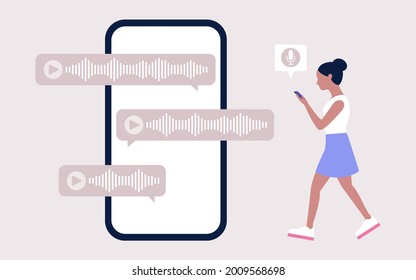 Mujer con smartphone se comunica usando mensajes de voz. Ilustración vectorial de color en forma de dibujos animados planos
