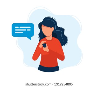 Woman with smartphone. Concept illustration, texting, messaging, chatting, social media, customer assistance, meeting via internet, communication. Bright colorful vector illustration. 