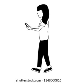 Woman with smartphone faceless in black and white