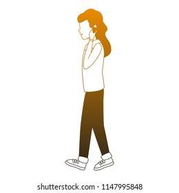 Woman with smartphone faceless orange lines